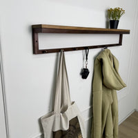 Metal coat hanger with hooks and wood shelf